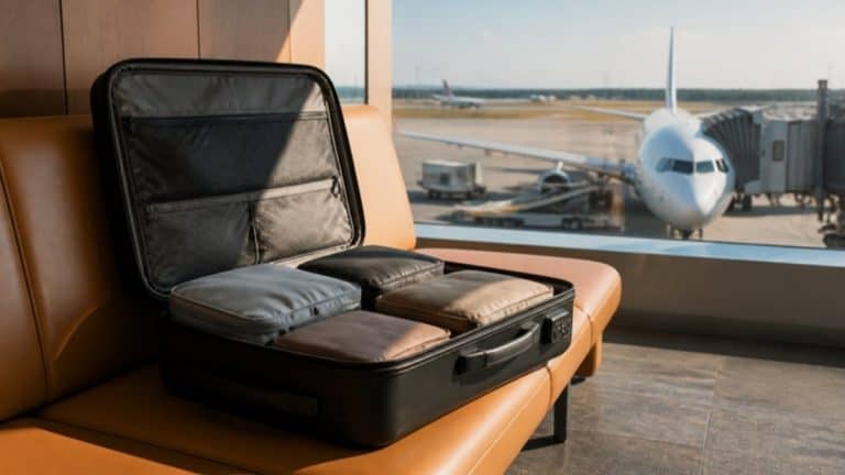 Open carry-on suitcase neatly packed with packing cubes on an airport lounge seat with a plane visible through the window