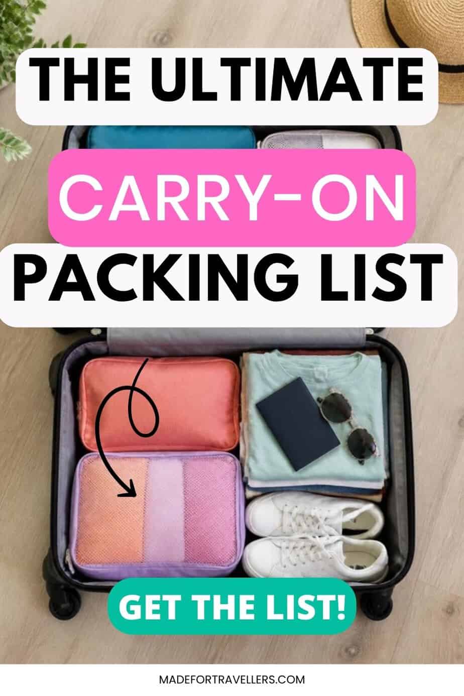 Open carry-on suitcase packed with colorful packing cubes, sneakers, passport and sunglasses, with text: The Ultimate Carry-On Packing List, Get the List