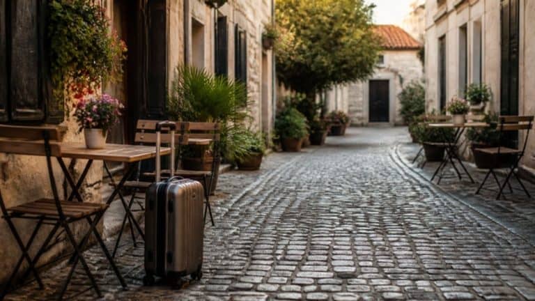 Charming European old town cobblestone street with cafe tables and a rolling suitcase