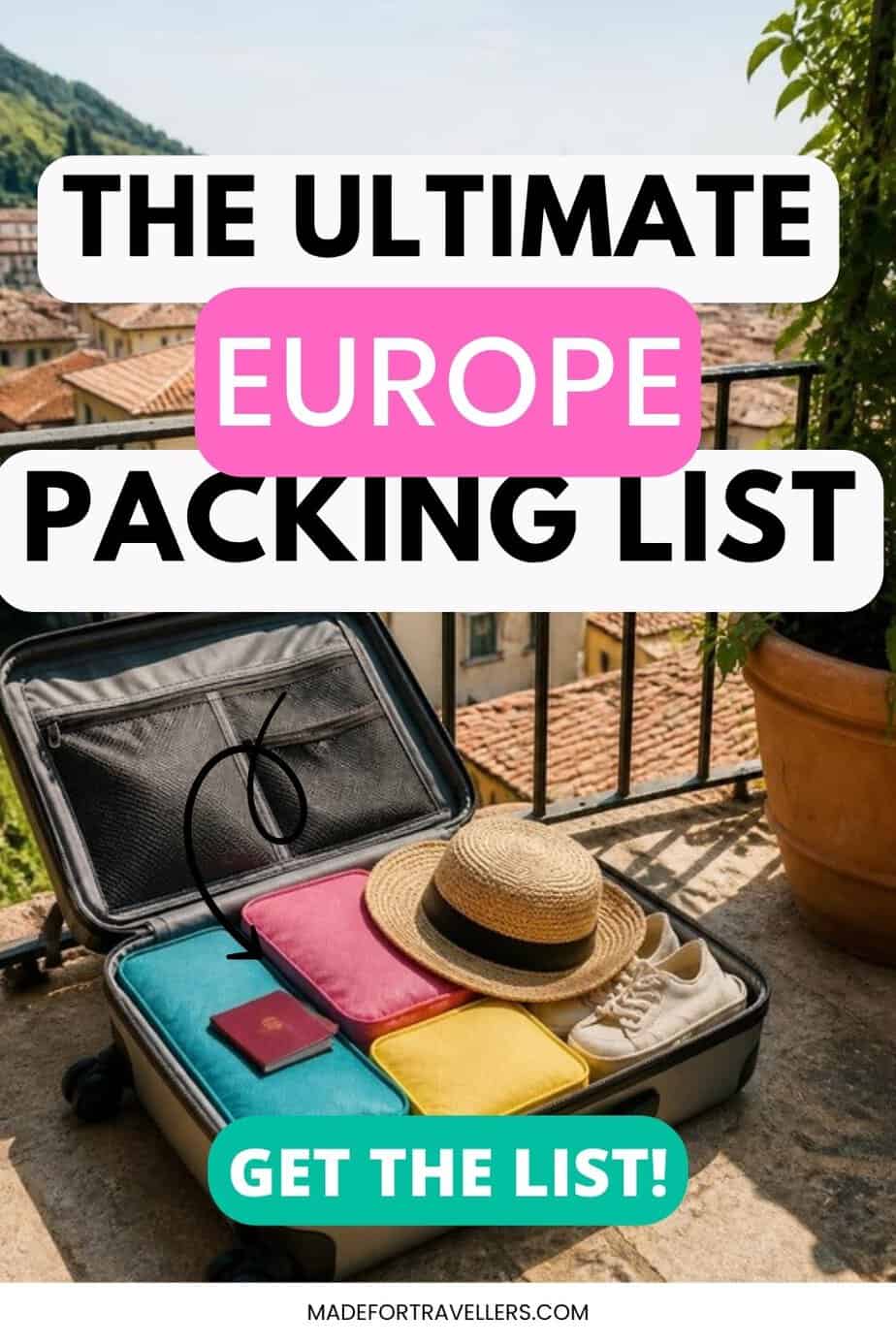 Packed carry-on with colorful packing cubes, straw hat and passport on a balcony above a European old town, with text: The Ultimate Europe Packing List, get the list