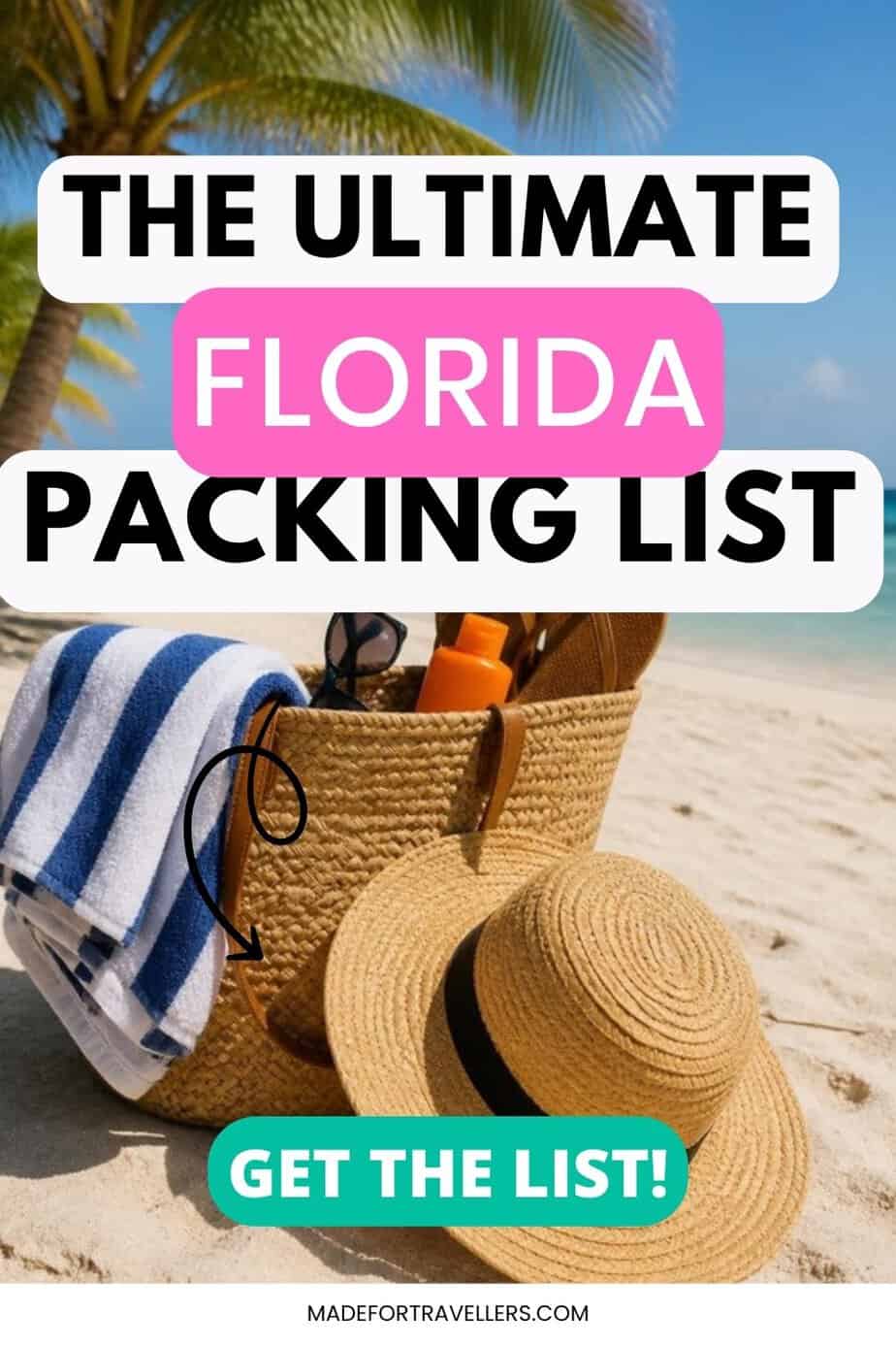 Woven beach bag with towel, sunscreen and straw hat on white sand under palm trees, with text: The Ultimate Florida Packing List, get the list
