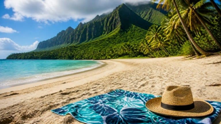 Tropical Hawaiian beach with turquoise water, palm trees and green volcanic mountains, beach towel and straw hat in the sand