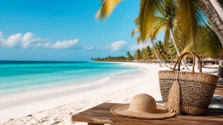 Caribbean Mexico beach with white sand, turquoise sea and palm trees, beach bag and sun hat on a lounger